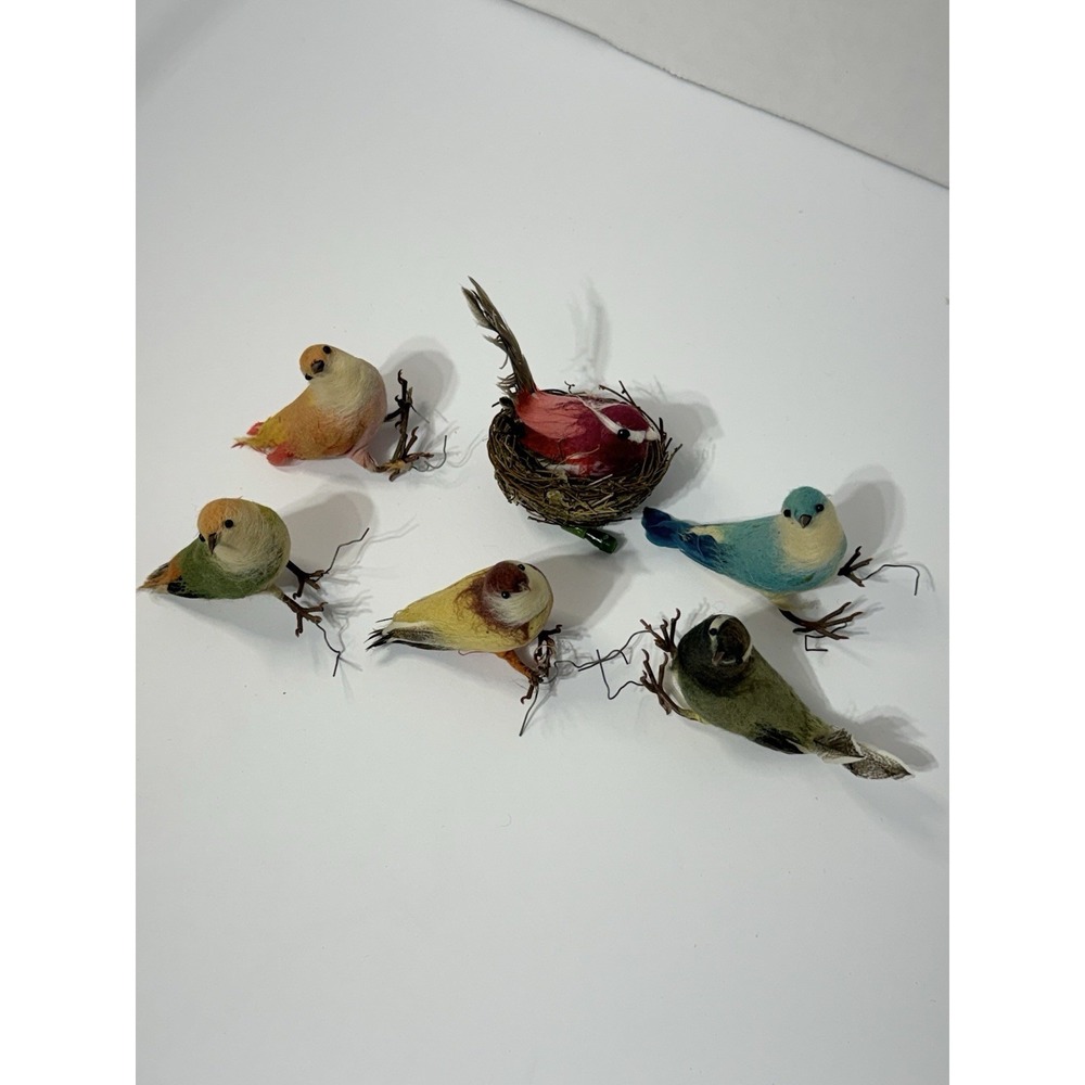 Set Of 6 Vintage Spun Cotton Feathered Birds Ornaments - Vintage Millinery Stock